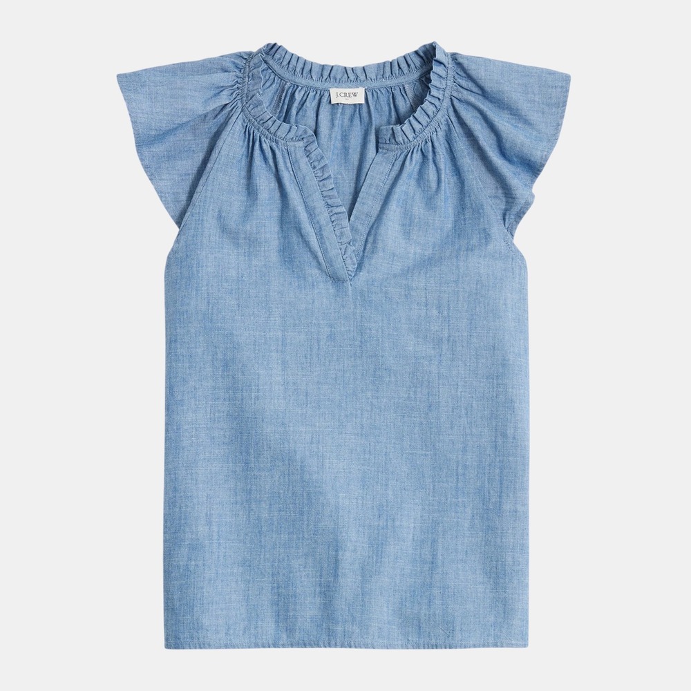 J.Crew Factory Chambray Flutter Sleeve Top Size S NWT 100% Cotton Ruffle Neck